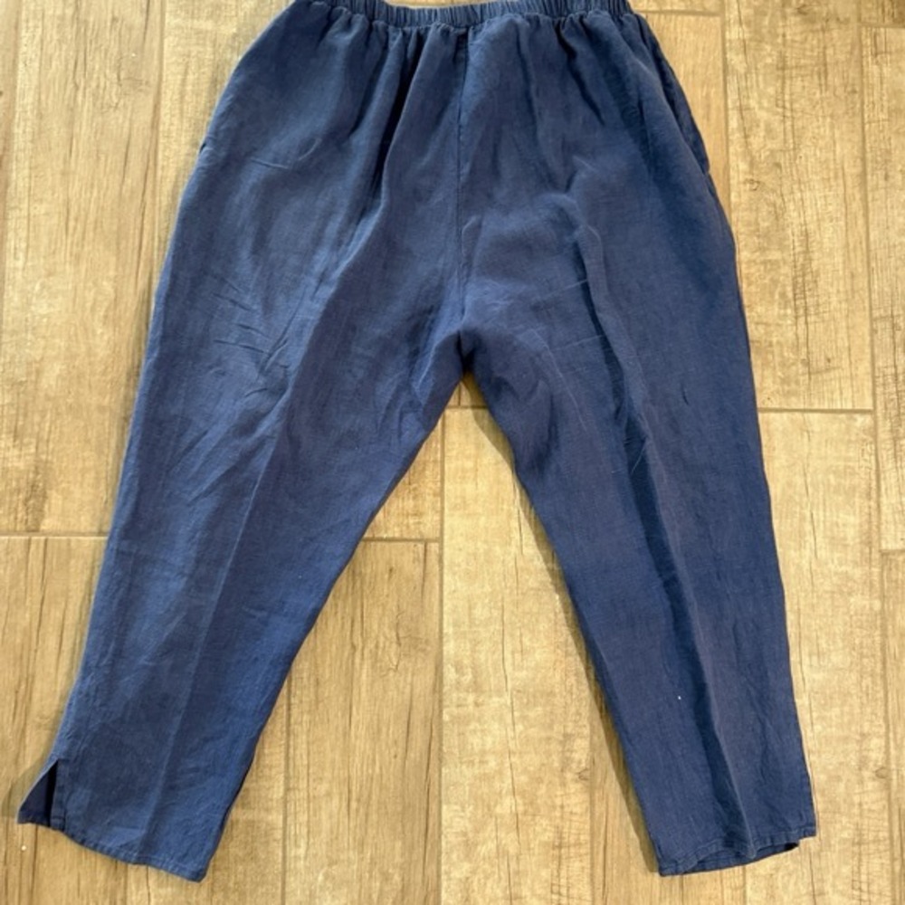 Flax Linen Pants Womens Navy Blue Wide Leg‎ Crop Pull On Boho Minimalist - Picture 8 of 9